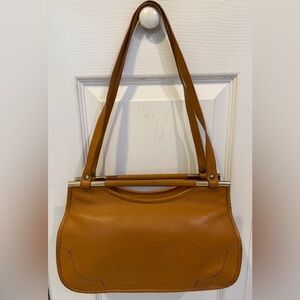 VTG Etra Tan Leather Double Handle Shoulder Bag w Gold tone Bars